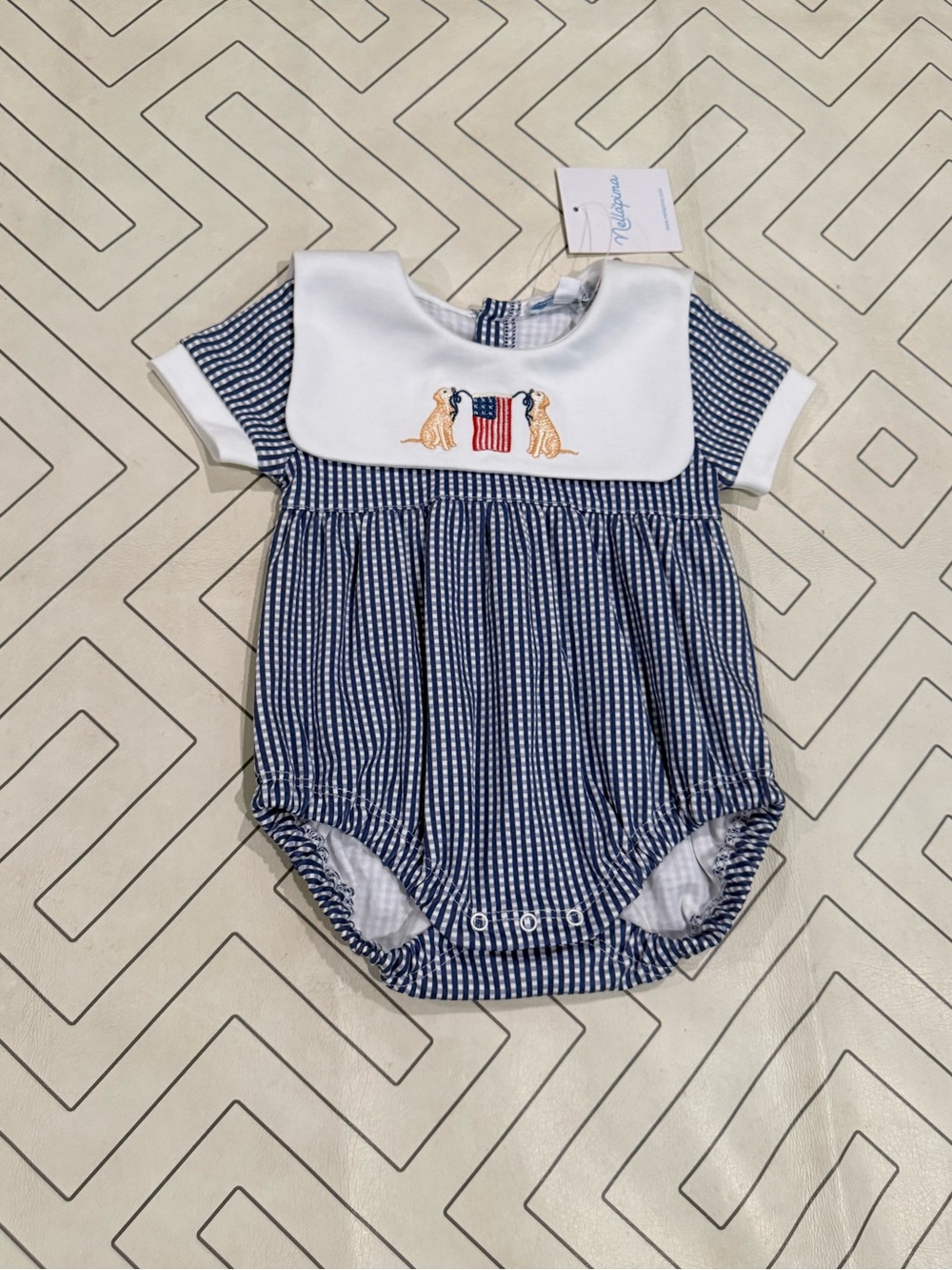 NWT Nellapima Blue Gingham Bubble with Embroidered Flag and Dogs